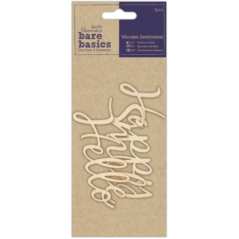 Papermania Wooden Sentiments - Bare Basics - Hello, Happy, Smile